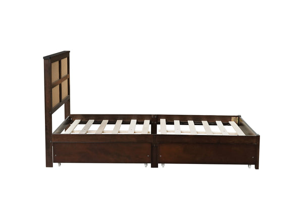 English Elm Full Full Size Bed with Rattan Headboard and Two Underbed Storage Drawers, Rubberwood Slat Support Espresso W504P269605