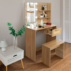 English Elm Vanity Desk Set Stool & Dressing Table With Led Lighting Mirror Drawer and Compartments Modern Wood Cosmetic Table Chest Of Drawers Nature Color