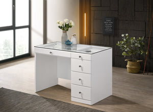 English Elm 3pc Sleek Makeup Vanity Set with Lighted Mirror, Glass Top, 5 Storage Drawers & Swivel Stool White 46.97 L x 25.87 W x 2 H B2741S00138