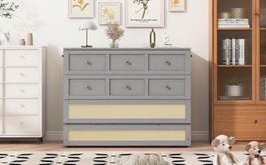 English Elm Full Size Murphy Wall Bed Cabinet with Rattan Panel Detailing and Storage Drawers Gray N708P336203E