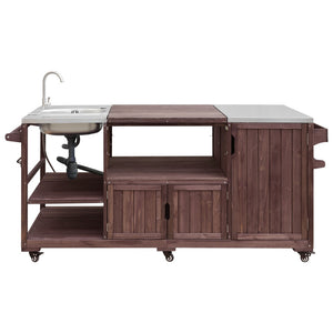 English Elm K&k Solid Fir Outdoor Kitchen Island with Sink Stainless Steel Top and Grill Cutout Brown N707S000022Z