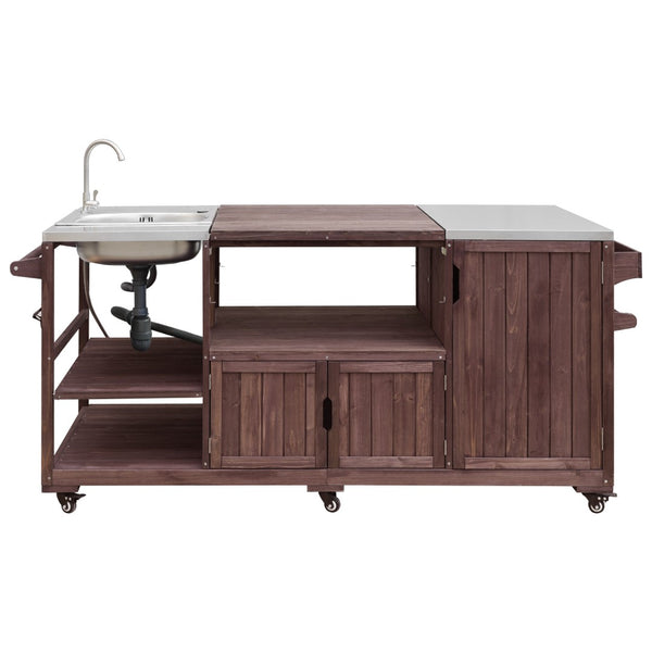 English Elm K&k Solid Fir Outdoor Kitchen Island with Sink Stainless Steel Top and Grill Cutout Brown N707S000022Z