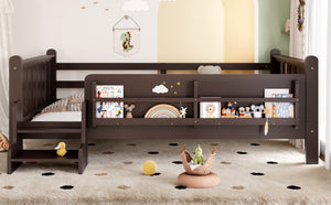 English Elm Twin Pine Floor Bed for Kids with Side Bookcases Built-in Stairs and Safety Guardrails Espresso W1580P390226
