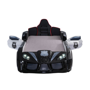 English Elm Modern Police Car Bed Twin Size With Led Lights, Magnetic Doors & Upholstered Headboard For Kids B2741S00497