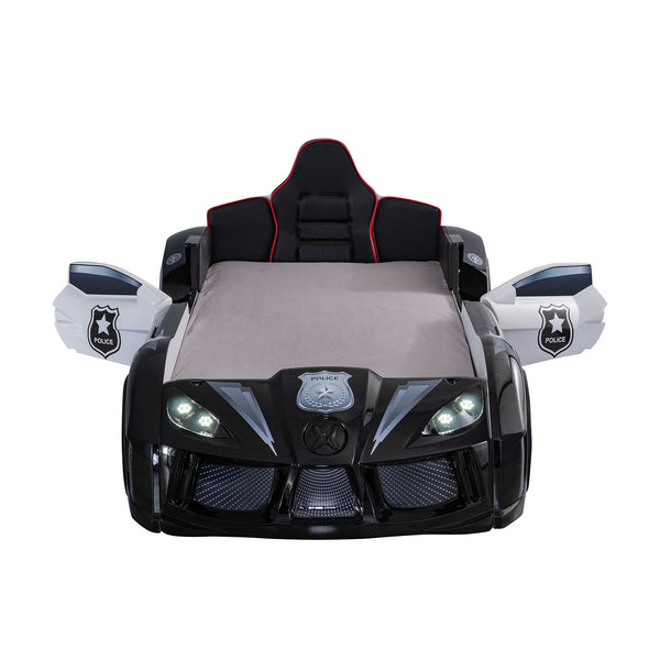 English Elm Modern Police Car Bed Twin Size With Led Lights, Magnetic Doors & Upholstered Headboard For Kids B2741S00497