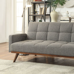 English Elm Futon Mid-Century Gray Linen Sofa Bed with Tufted Back, Angled Wood Legs & Side Pockets, Versatile B2741P298389