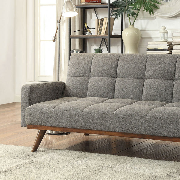 English Elm Futon Mid-Century Gray Linen Sofa Bed with Tufted Back, Angled Wood Legs & Side Pockets, Versatile B2741P298389