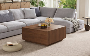 English Elm 33.25" Square Storage Coffee Table Four Drawer Matte Mdf Living Room Centerpiece Walnut N735P422508D