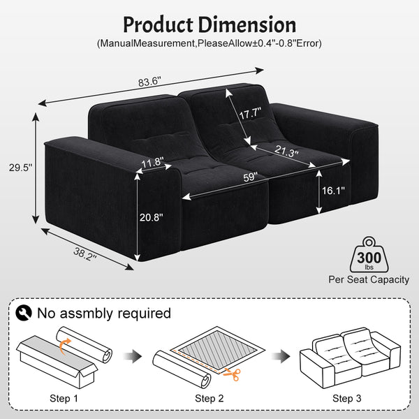English Elm 83.6" Modern Modular Sectional Sofa with Tufted Sparkling Chenille, Deep Seat Comfort for Living Room Black W3219P365497