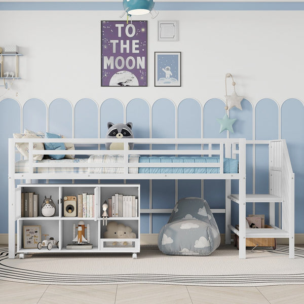 English Elm Twin Metal Loft Bed with Stairs and Six Storage Cubbies, Sturdy Metal Slat Support, Safe Low Design for Kids White 75.2 L x 17.72 W x 9.45 H W2593P305721