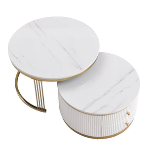 English Elm Modern 2 Pieces White Round Nesting Coffee Table Set with Drawers, Glossy MDF Tops & Gold Legs — Space-Saving Chic WF325924AAK