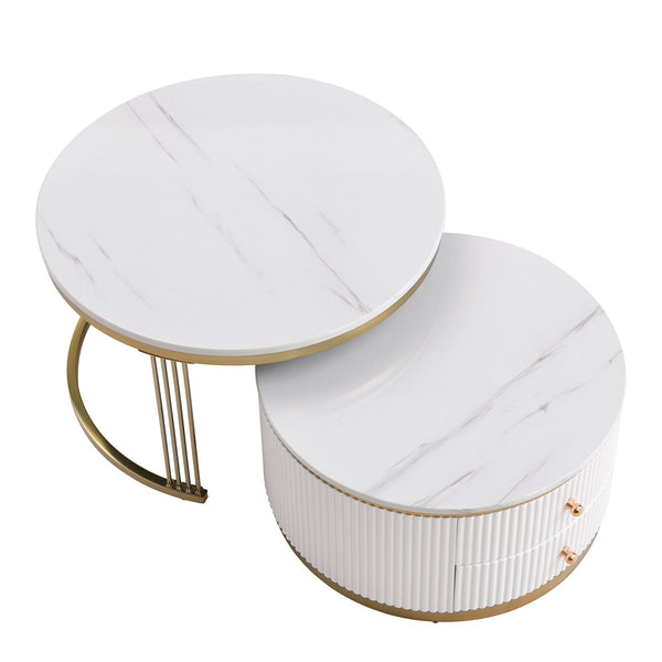 English Elm Modern 2 Pieces White Round Nesting Coffee Table Set with Drawers, Glossy MDF Tops & Gold Legs — Space-Saving Chic WF325924AAK