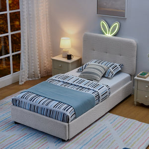 English Elm Twin Kids Boucle Upholstered Bed Rabbit Ear Headboard Led Lighting Four Storage Drawers Beige W1413P384921