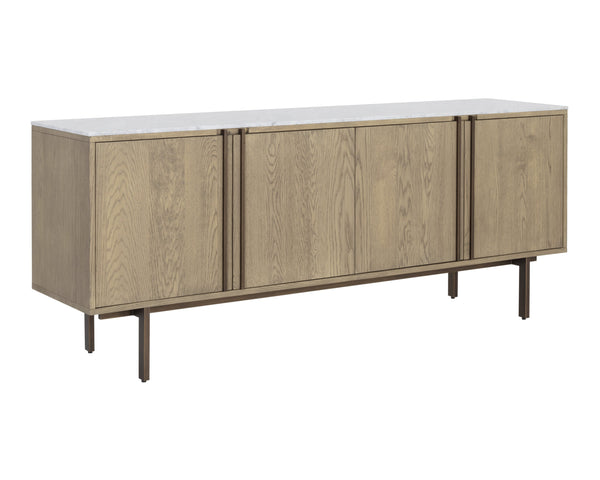 Sunpan Briar Mid-Century Modern Sideboard with White Marble Top and Antique Brass Accents for Stylish Storage Weathered Oak