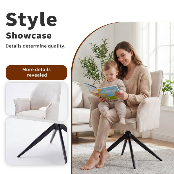 English Elm Fabric Swivel Dining Chairs Set of 2 with 360 Rotation Removable Arms Metal X-frame White W3851P452876