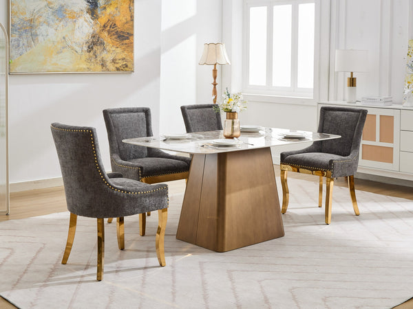 English Elm Chenille Modern Dining Chair with Curved Gold-Plated Legs, Rivet Trim, Textured Upholstery Comfort Gray W1143P332686