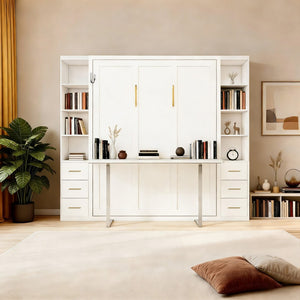 English Elm Desk Murphy Wall Bed Queen with Side Storage Cabinets for Home Office Study W5290S00006