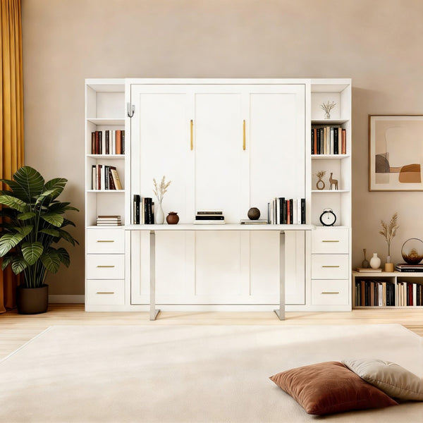 English Elm Desk Murphy Wall Bed Queen with Side Storage Cabinets for Home Office Study W5290S00006