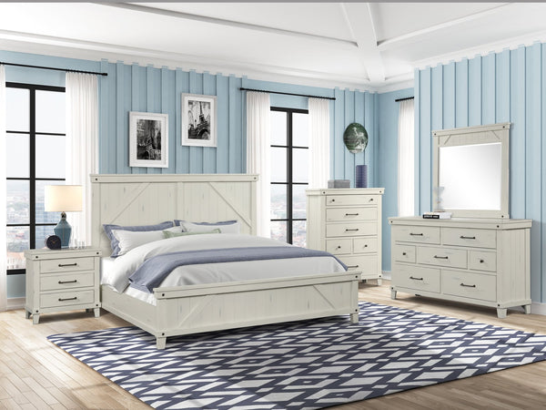 English Elm Queen Industrial Farmhouse Panel Bed with Built-In Bluetooth Speakers, USB Ports & LED Reading Lights White 86 L x 11.25 W x 5 H B2699S00054