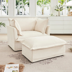 English Elm Upholstered Slipcovered Armchair & Ottoman Set, Soft Chenille Cream Chairs With Cozy Pillows For Relaxation W3041S00001-GIGA