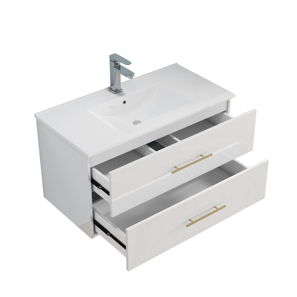English Elm 36-Inch Modern Wall-Mounted Bathroom Vanity With Ceramic Sink, Gold Handle, Easy Installation & Storage W3151S00055