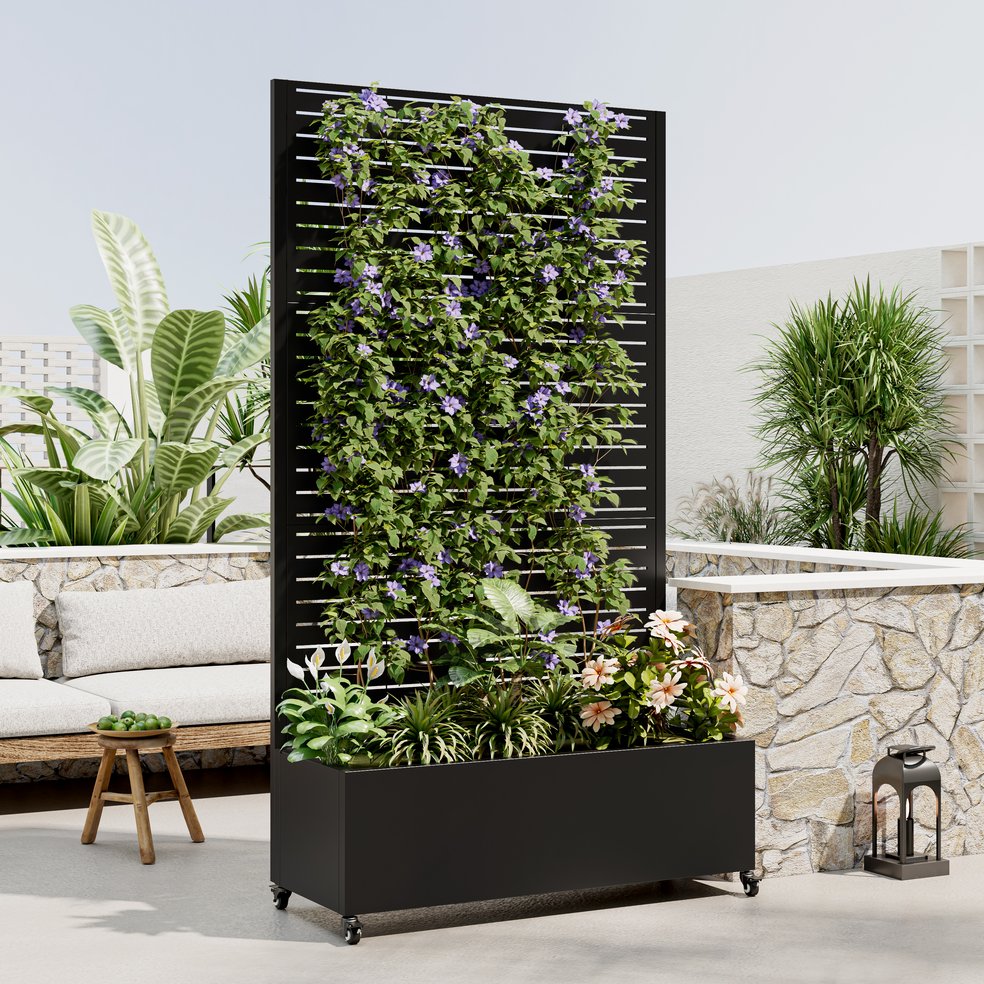 English Elm Metal Planter Box with Trellis on Wheels — 12" Deep Galvanized Raised Bed, Privacy Screen, Black W347P331023