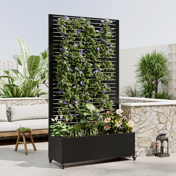 English Elm Metal Planter Box with Trellis on Wheels — 12" Deep Galvanized Raised Bed, Privacy Screen, Black W347P331023