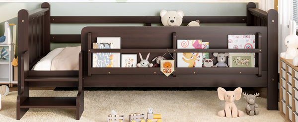 English Elm Twin Pine Floor Bed for Kids with Side Bookcases Built-in Stairs and Safety Guardrails Espresso W1580P390217