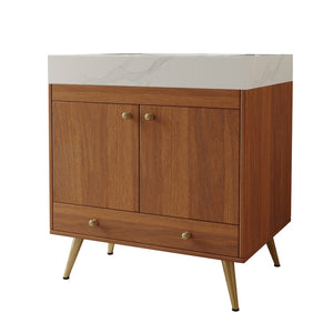 English Elm Mid-century Freestanding Bathroom Vanity with Marble Stone Top Gold Legs Storage W3136S00066