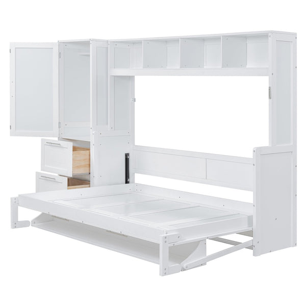 English Elm Queen Murphy Wall Bed with Integrated Wardrobe and Drawers for Studio or Guest Room White LP000793AAK-3