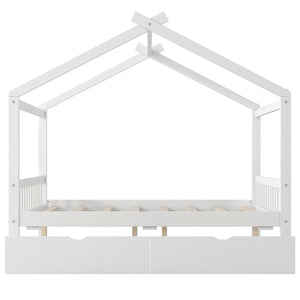 English Elm Full House Platform Bed with Roof Design and Two Drawers, Pine/MDF Durable Frame, Kid-Friendly Cozy Finish White WF292923AAK