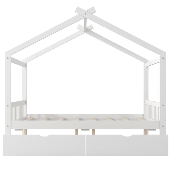 English Elm Full House Platform Bed with Roof Design and Two Drawers, Pine/MDF Durable Frame, Kid-Friendly Cozy Finish White WF292923AAK