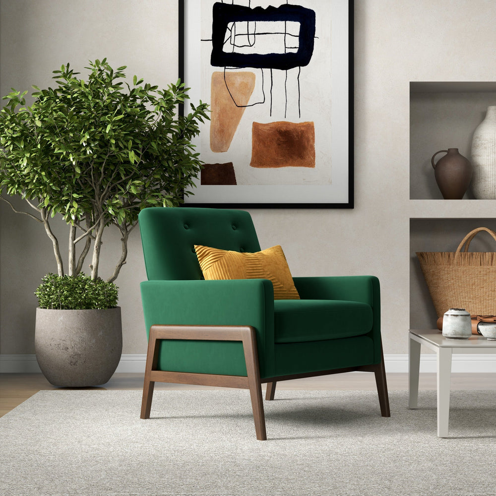 English Elm Ashcroft Furniture - Modern Stella Emerald Green Velvet Lounge Chair Wingback Reading Armchair with Wood Legs, Durable Comfort and Fire-Resistant Upholstery B183P201617