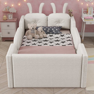 English Elm Twin Kids Platform Bed Teddy Fabric Upholstered with Bunny Cushions and Safety Rails White W2593P395806