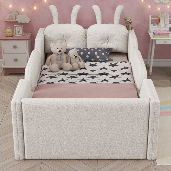 English Elm Twin Kids Platform Bed Teddy Fabric Upholstered with Bunny Cushions and Safety Rails White W2593P395806