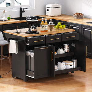 English Elm K&K Vintage Kitchen Island with Rubberwood Top, Hidden Wheels, Pull-Out Trash & Charging Station Black N707P299014B