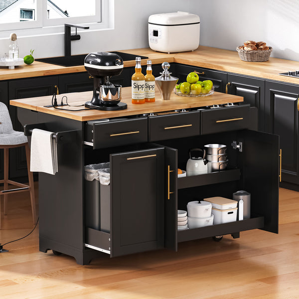 English Elm K&K Vintage Kitchen Island with Rubberwood Top, Hidden Wheels, Pull-Out Trash & Charging Station Black N707P299014B
