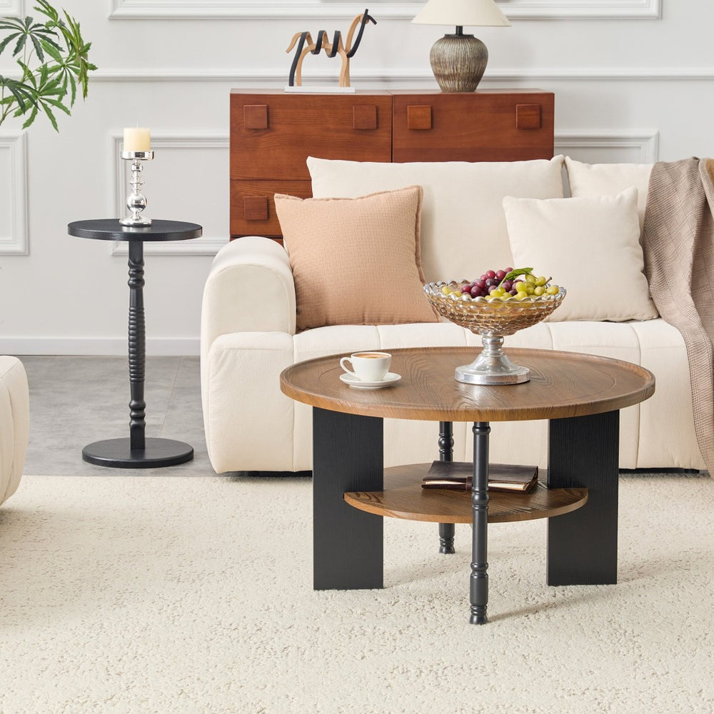 English Elm 2-piece Round Coffee and Side Table Set Walnut Grain Storage Shelf Living Room W1151P433331
