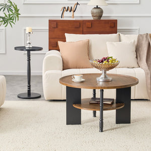 English Elm 2-piece Round Coffee and Side Table Set Walnut Grain Storage Shelf Living Room W1151P433331
