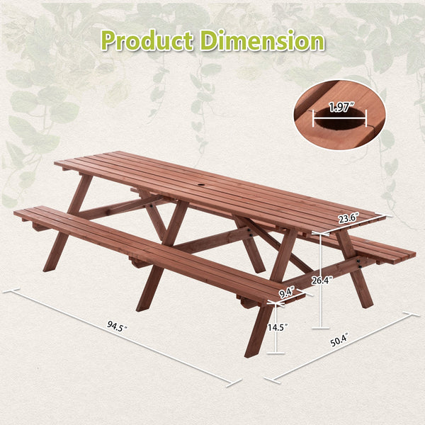 English Elm Extra Extra Large 95-Inch Fir Wood Picnic Table Set with Benches, 12-Person Rustic Brown Patio Table with Umbrella Hole, Durable Backyard Furniture 94.5" x 50.4" x 23.6" W1422P354884
