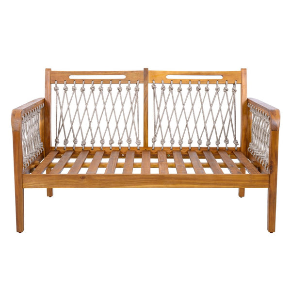 English Elm Outdoor Acacia Wood Loveseat Set with Woven Rope Detail and Slatted Coffee Table Cream,Oatmeal,Teak N768P363954T