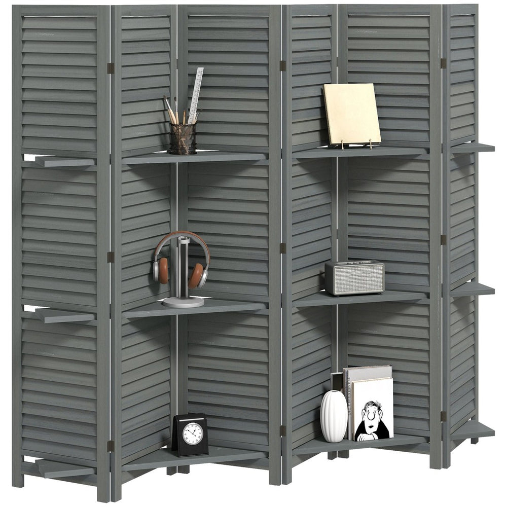 English Elm 6 Panel Paulownia Wood Louvered Room Divider with Shelves for Open Living Spaces Charcoal Grey T3971P405375