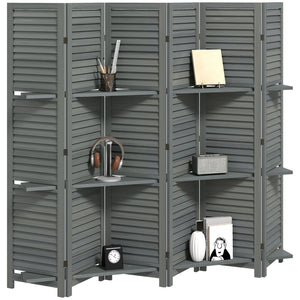 English Elm 6 Panel Paulownia Wood Louvered Room Divider with Shelves for Open Living Spaces Charcoal Grey T3971P405375
