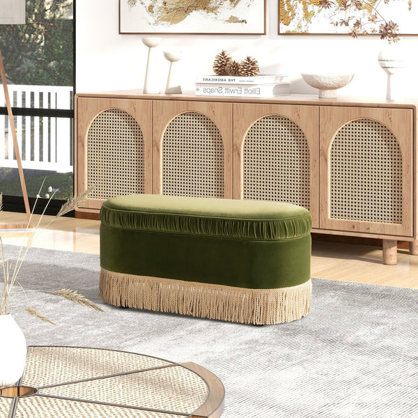 English Elm Jennifer Taylor Home - Serena 38" Oval Storage Bench Ottoman with Velvet Ruched Trim and Fringe Tassels, Spacious Seat Olive Green B2719P238474