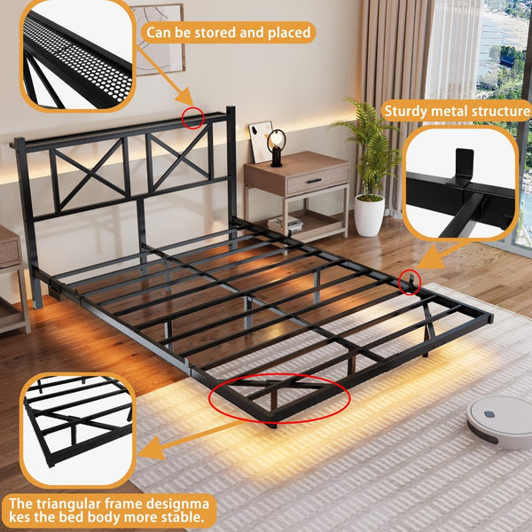 English Elm Full Size Floating Platform Bed with Led Underglow Usb Charging and Storage Headboard W840P383353