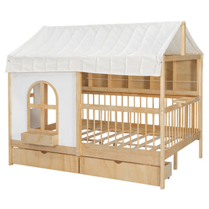 English Elm Full Size Kids House Bed with Led Bookshelf Storage Drawers and Charging Station Natural LP000378AAN