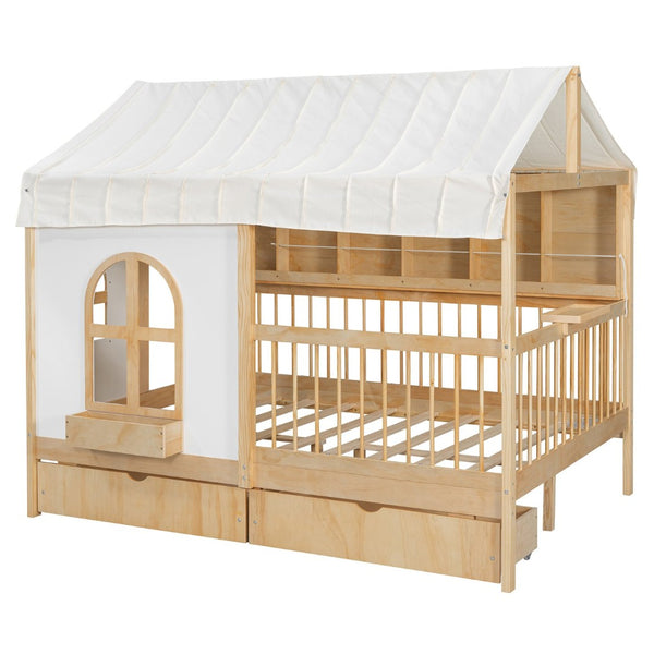 English Elm Full Size Kids House Bed with Led Bookshelf Storage Drawers and Charging Station Natural LP000378AAN