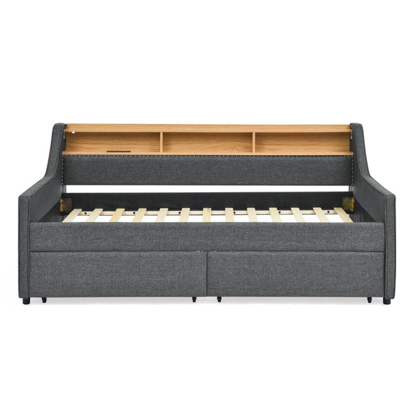 English Elm Twin Size Upholstery Sofa Bed With Led Lights & Storage Drawers, Wireless Charging, Grey Linen Design W1413S00055-GIGA