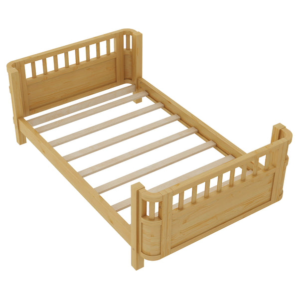 Twin Solid Pine Low Profile Kids Bed with Full Guardrail System and Rounded Safe Corners