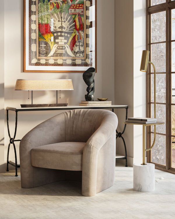 Currey & Company Eastlin Marble Base Floor Lamp with Built-In Side Table Brass Accents Modern Luxe 8000-0173